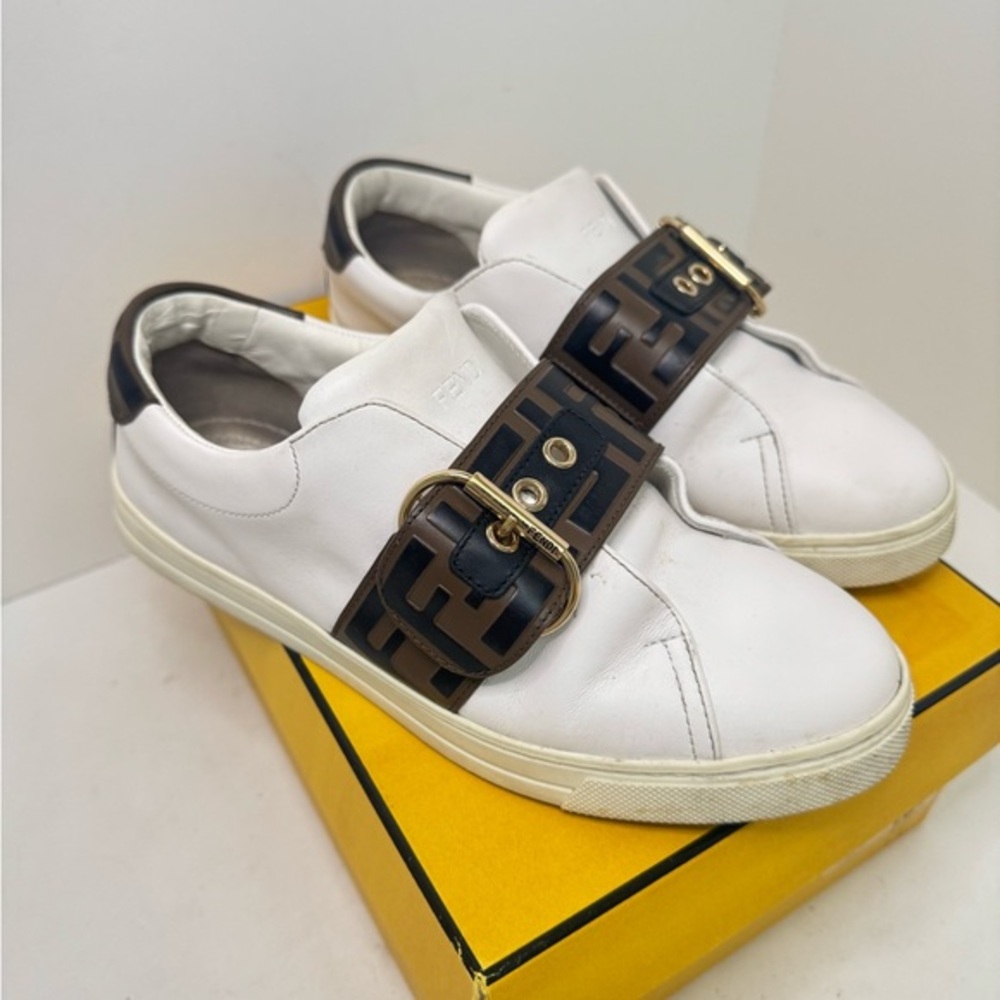 Fendi White Leather Slip-On Sneakers with Brown FF Logo Strap and Gold Buckle